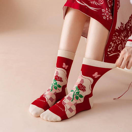 龙年新年红袜子【节日鸿运袜 郁金香气质 复古风】女士中筒袜 原创设计款 商品图1