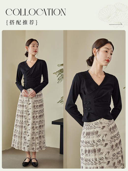 【年终特卖】【东方系列】熙世界设计感国风T恤显瘦V领长袖上衣女2025秋新款 商品图4