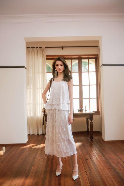 白色银河亮片鸵鸟毛直筒半裙 商品图0