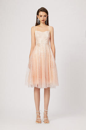 人鱼姬流光亮片露背网纱吊带裙