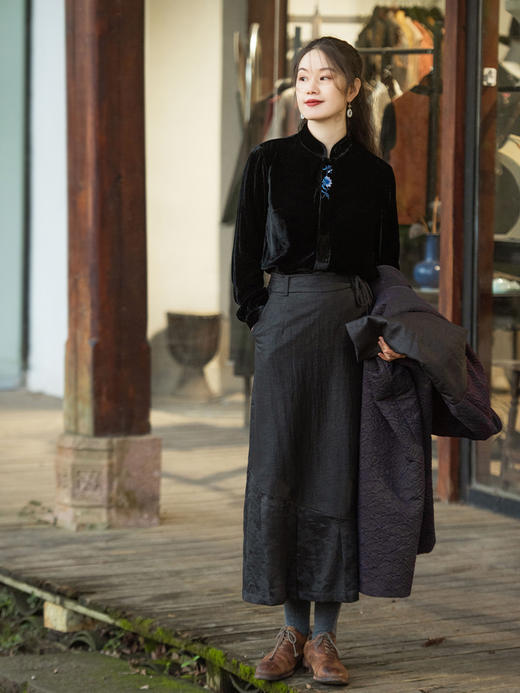 MSHK陌上花开原创兰襟【弱水】真丝绒绣花对襟衬衫小上衣女 商品图1