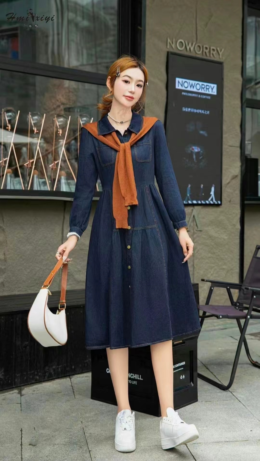 A7089        法式复古气质休闲减龄小众披肩收腰显瘦牛仔连衣裙