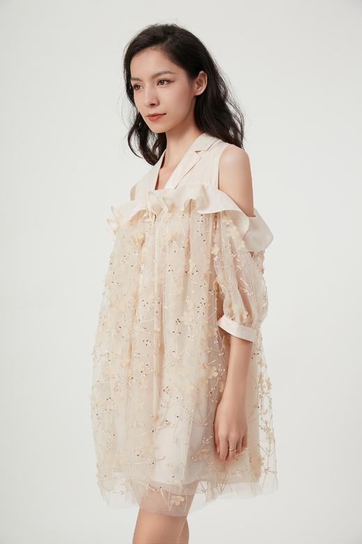 花朝月夜水晶枝叶香槟色露肩连衣裙 商品图0