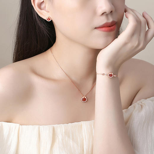 原创如意锁【福袋项链女 纯银复古中国风 】福字吊坠 玫瑰金 红玛瑙 锁骨链 商品图2