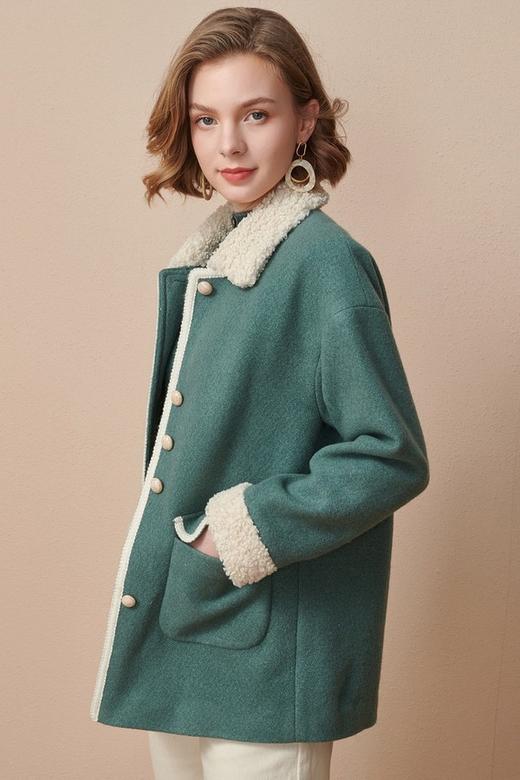 OUNIXUE/欧昵雪 直筒拼接毛绒翻领宽松毛呢外套 14747 商品图2