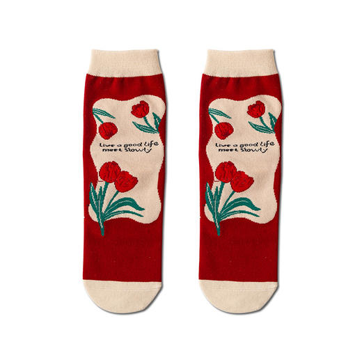 龙年新年红袜子【节日鸿运袜 郁金香气质 复古风】女士中筒袜 原创设计款 商品图4