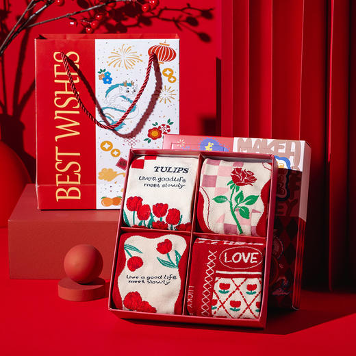 龙年新年红袜子【节日鸿运袜 郁金香气质 复古风】女士中筒袜 原创设计款 商品图11