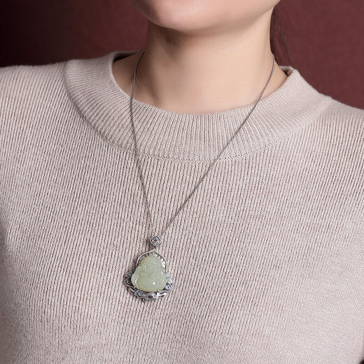 【弥勒佛】S925银南红和田玉复古祥云吊坠【CW-DZ06128】 商品图3