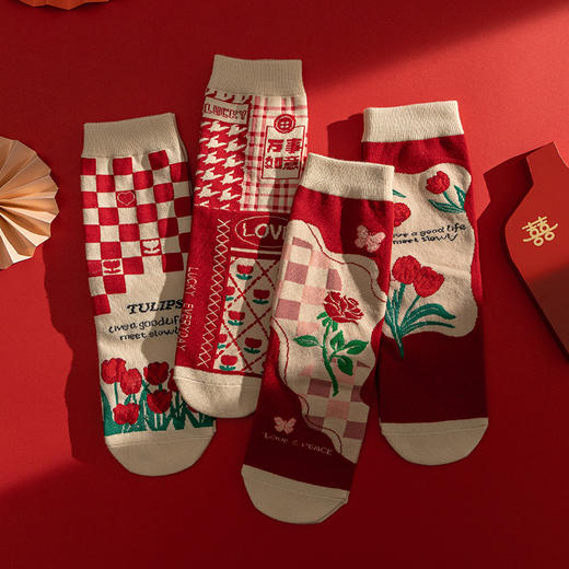 龙年新年红袜子【节日鸿运袜 郁金香气质 复古风】女士中筒袜 原创设计款 商品图3