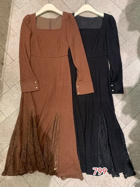 【门店同款】ENJOY冬季方领收腰拼蕾丝长裙 155107144