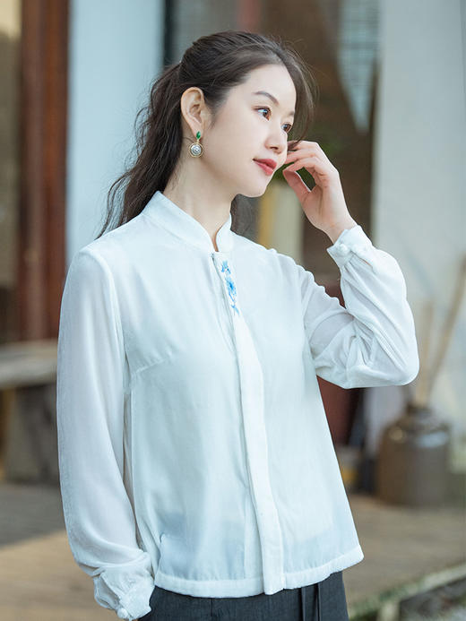 MSHK陌上花开原创兰襟【弱水】真丝绒绣花对襟衬衫小上衣女 商品图3