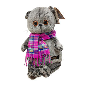 Budibasa 宝喜可猫+粉红紫色格纹围巾，30CM (毛绒玩具)