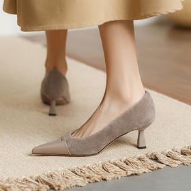 法式复古杏色高跟鞋细跟，尖头气质女鞋优雅绒面宴会单鞋MBJR&705