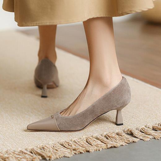法式复古杏色高跟鞋细跟，尖头气质女鞋优雅绒面宴会单鞋MBJR&705 商品图0