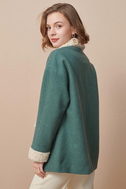 OUNIXUE/欧昵雪 直筒拼接毛绒翻领宽松毛呢外套 14747 商品图3