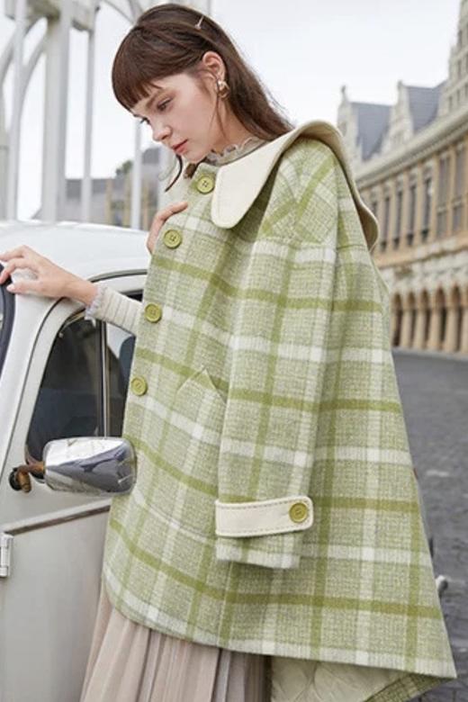 香影 格子毛呢中长款宽松大衣外套 14752 商品图3