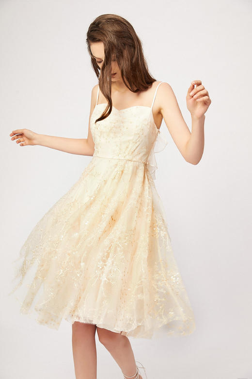 香槟色绣球花刺绣亮片露背网纱吊带裙 商品图0