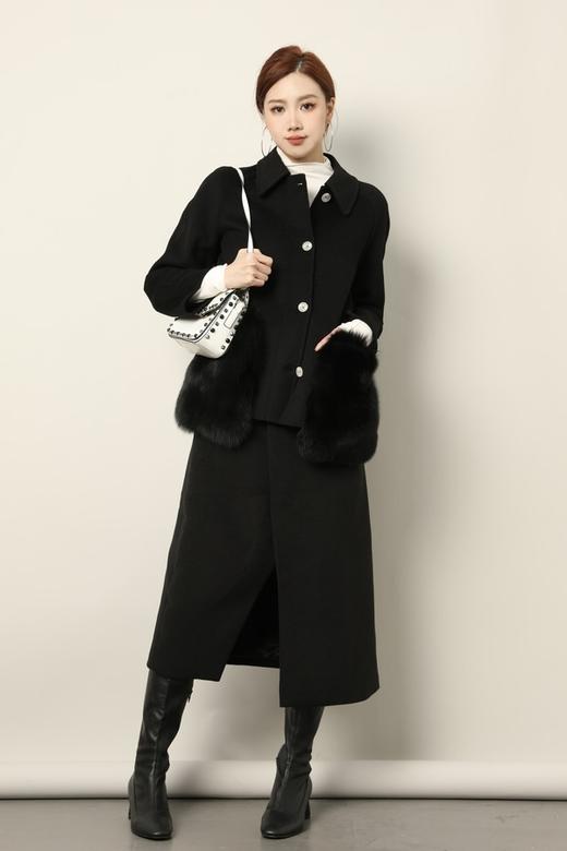 ELLA JADE 黑色翻领动物毛口袋大衣 17780 商品图2