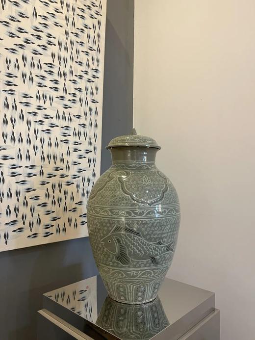 象嵌青瓷莲瓷游鱼纹大盖罐，顺丰包邮 商品图2