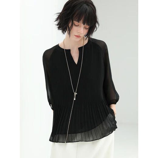 COCOBELLA渐变褶皱温柔气质雪纺衫女V领休闲衬衣NSR26 商品图4