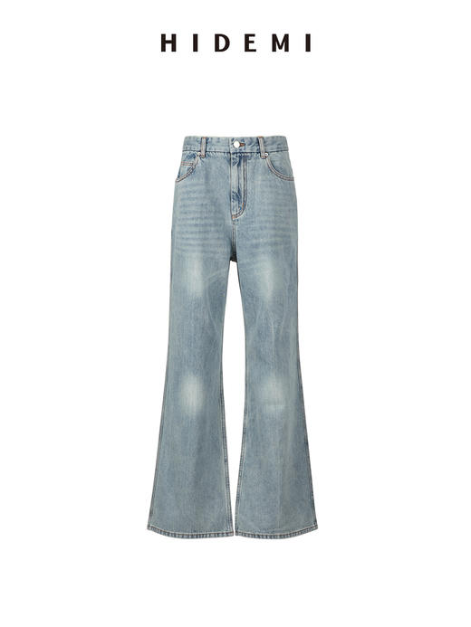 HIDEMI蓝色柔软做旧感多重水洗喇叭形宽松阔腿牛仔裤 商品图3