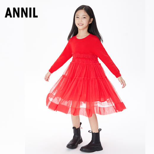 【实体店同款】【新年红】女童连衣裙纱裙秋新款长袖公主裙安奈儿童装AG313548 商品图2