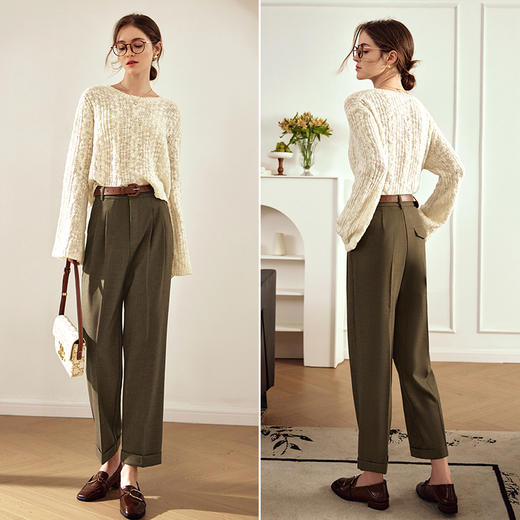 OLrain欧芮儿杏色镂空针织衫女早春2024年新款宽松圆领套头毛衣 商品图4