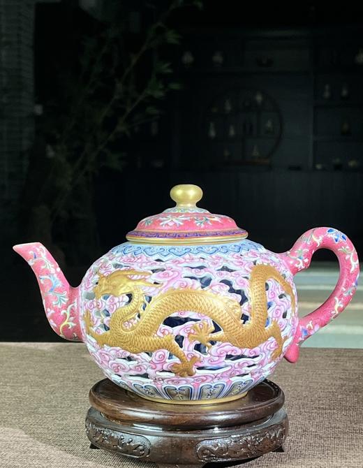 胭脂红海水镂空云龙描金双层壶 商品图0