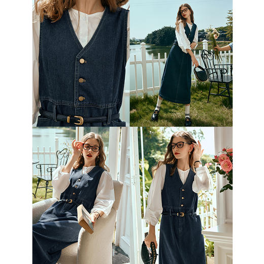 OLrain欧芮儿牛仔连衣裙女早春2024年新款复古显瘦V领高腰背心裙 商品图2