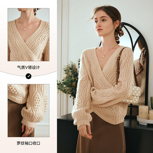 OLrain欧芮儿浅咖色v领毛衣女早春2024新款设计感复古针织套头衫 商品图3