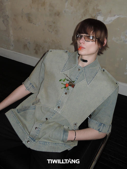 TIWILLTANG 启世录"末礴"复片结构衬衫复古水洗休闲短袖衬衣潮流 商品图3