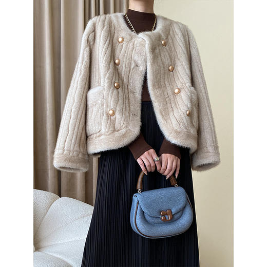 「两色可选！法式小香风」司南大理石纹肌理设计感 法式仿水貂绒毛毛环保皮草外套 商品图0