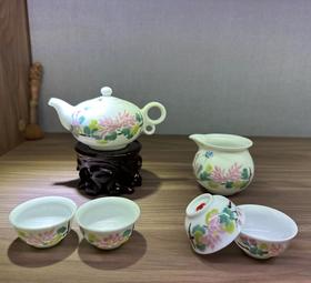 景德镇陶瓷 国瓷红叶 8头釉下五彩菊花茶具
