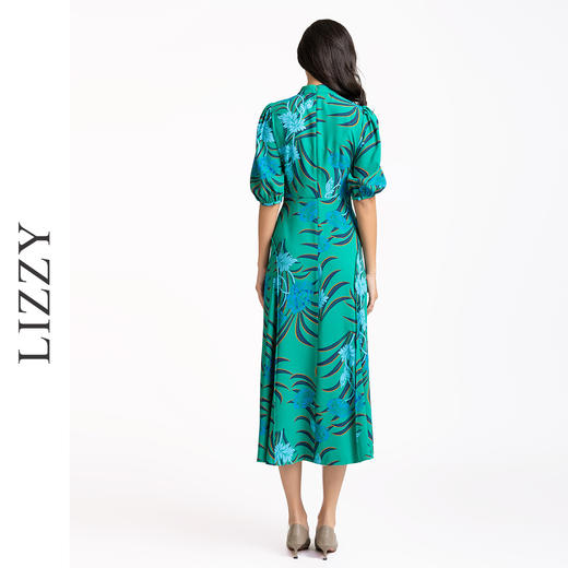LIZZY 优雅圆领中袖高腰设计大摆印花连衣裙长裙7903 商品图3