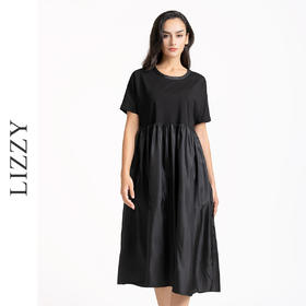 LIZZY 简约优雅时尚收腰气质黑色短袖休闲通勤连衣裙7918