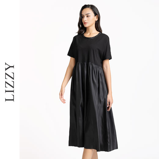LIZZY 简约优雅时尚收腰气质黑色短袖休闲通勤连衣裙7918 商品图2