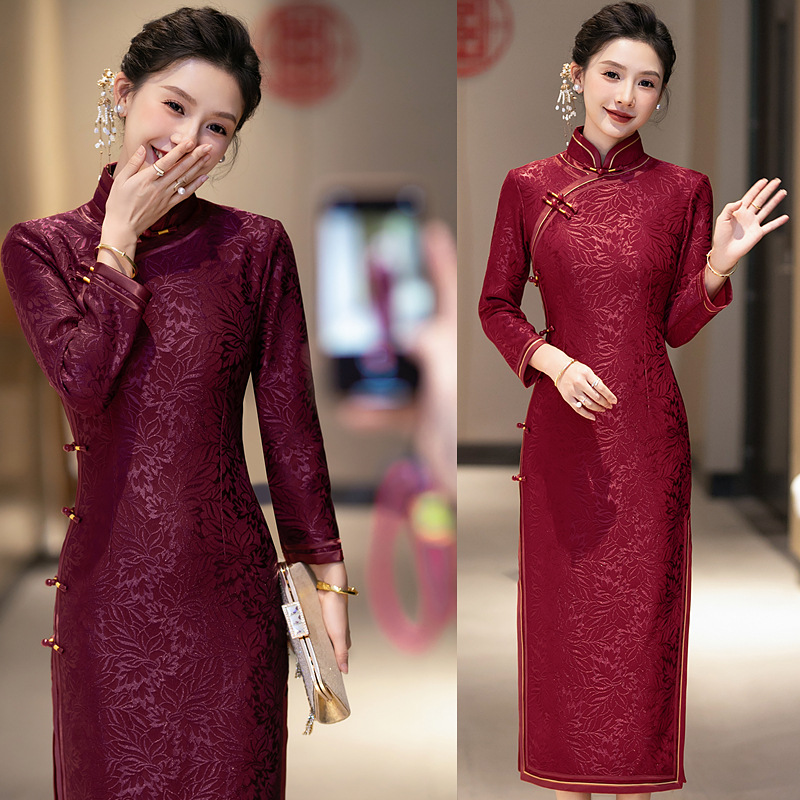 高端针织提花喜婆婆旗袍加绒加厚冬季喜妈妈婚宴装JH248