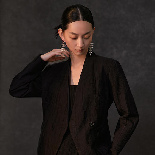 Famecoco范可儿春季棉麻文艺长无领一粒扣西装外套气质优雅新中式西装FAC1AW004 商品图2