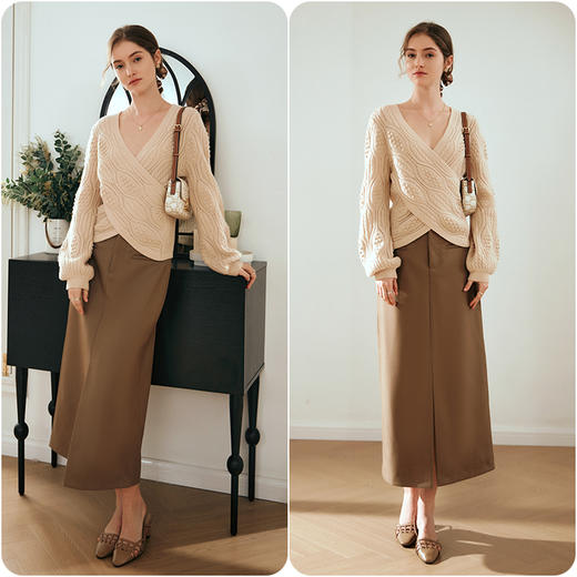 OLrain欧芮儿浅咖色v领毛衣女早春2024新款设计感复古针织套头衫 商品图4