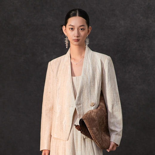 Famecoco范可儿春季棉麻文艺长无领一粒扣西装外套气质优雅新中式西装FAC1AW004 商品图1