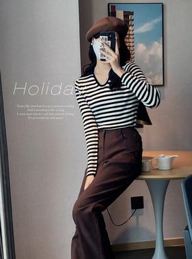 237844#U领条纹套头针织衫