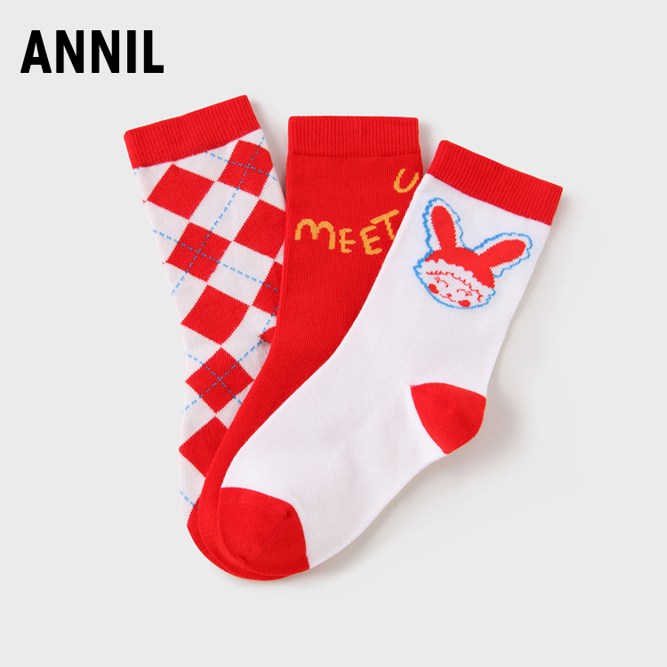 【实体店同款】【新年红】儿童袜子三双装春季新款男女童长筒袜宝宝透气吸汗童袜安奈儿童装JM317597