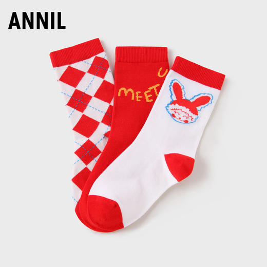 【实体店同款】【新年红】儿童袜子三双装春季新款男女童长筒袜宝宝透气吸汗童袜安奈儿童装JM317597 商品图0