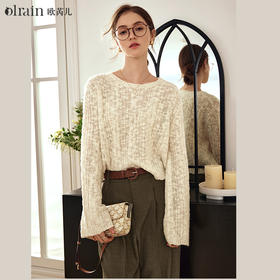 OLrain欧芮儿杏色镂空针织衫女早春2024年新款宽松圆领套头毛衣
