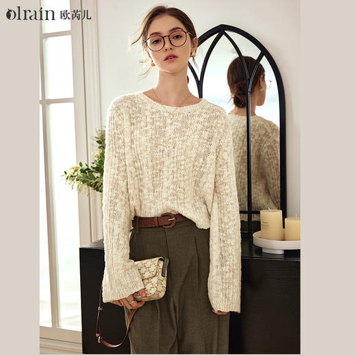 OLrain欧芮儿杏色镂空针织衫女早春2024年新款宽松圆领套头毛衣 商品图0