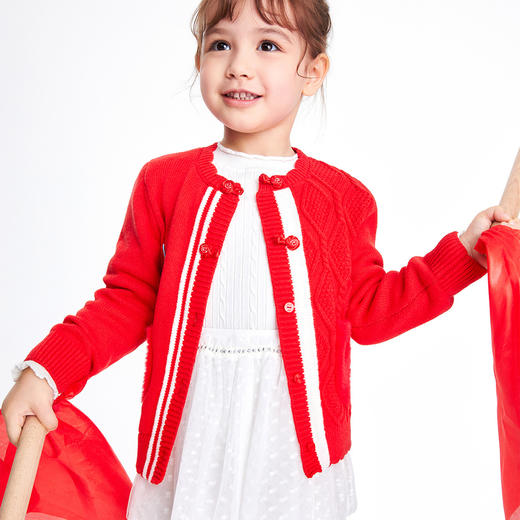 【新年红】女童开衫毛衣秋季新款小童宝宝国风保暖红色针织衫安奈儿童装TG314022 商品图4