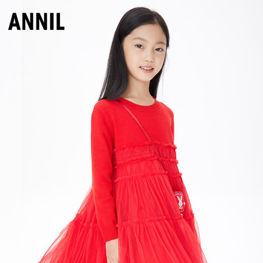 【实体店同款】【新年红】女童连衣裙纱裙秋新款长袖公主裙安奈儿童装AG313548 商品图0