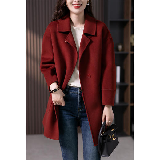 【现货7天】红色牛角扣双面羊绒大衣女中长款2023秋冬新款洋气毛呢外套 商品图1