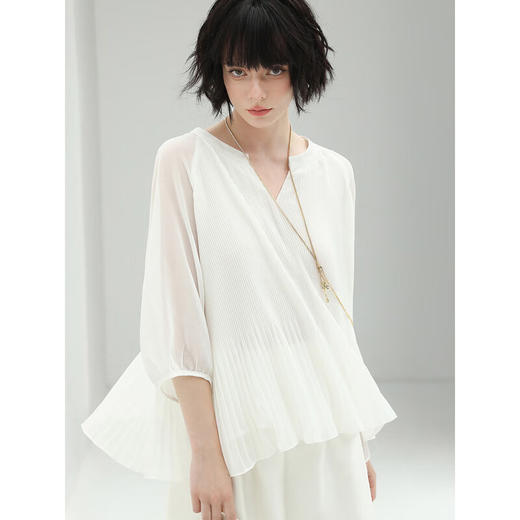 COCOBELLA渐变褶皱温柔气质雪纺衫女V领休闲衬衣NSR26 商品图2