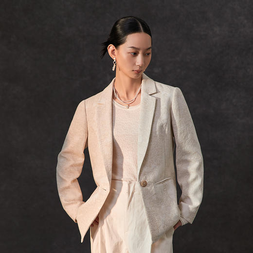 Famecoco范可儿春季棉麻文艺一粒扣西装外套平驳领气质优雅西装FAC1AW003 商品图4